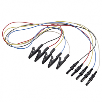 5 Elektrodenkabel mit Krokodil-Klemmen in rot, weiß, blau, gelb und schwarz